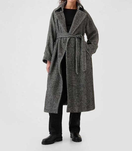 Double-breasted Herringbone Belted Trench Coat