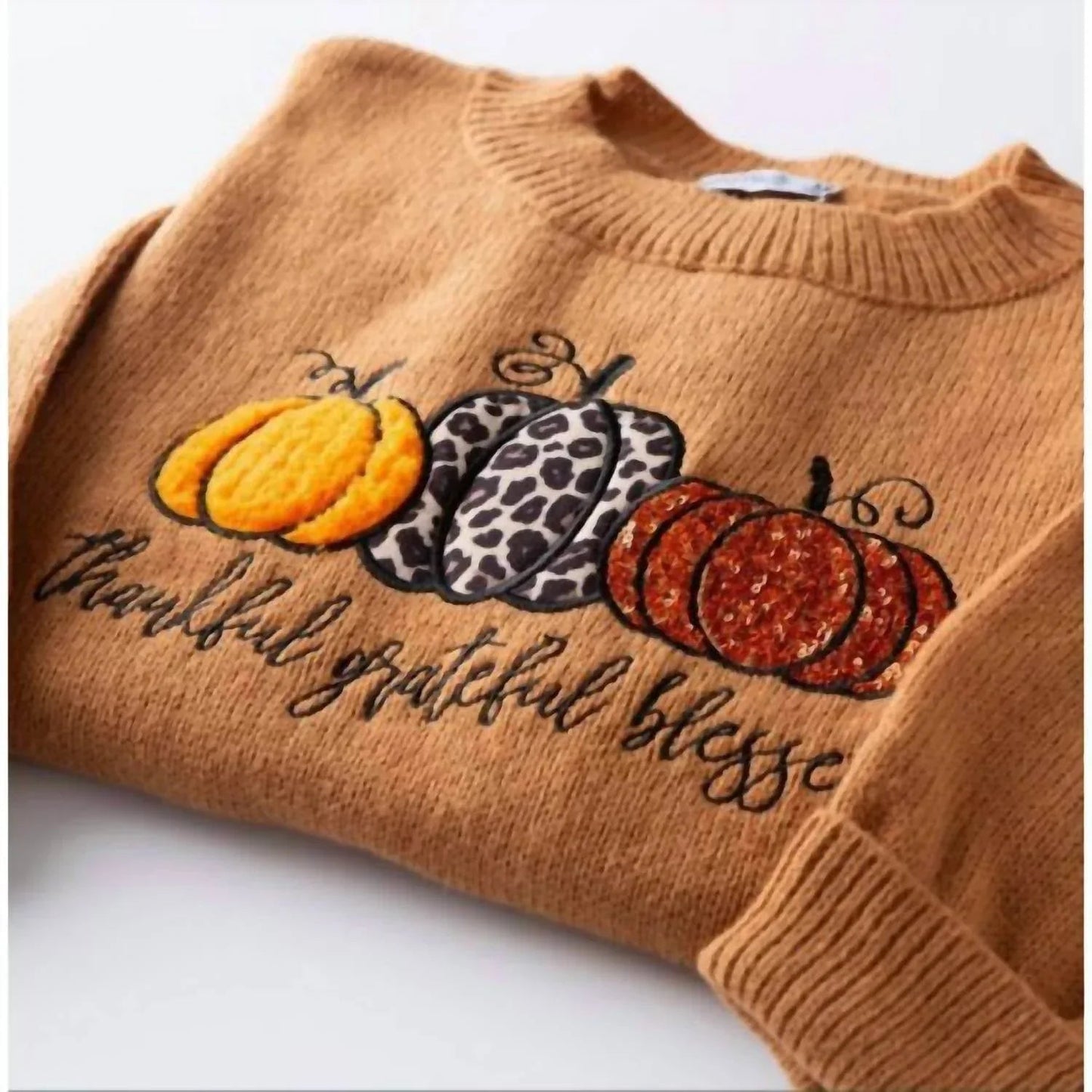 Damen-Pullover mit Kürbis-Motiv "Grateful Thankful Blessed"