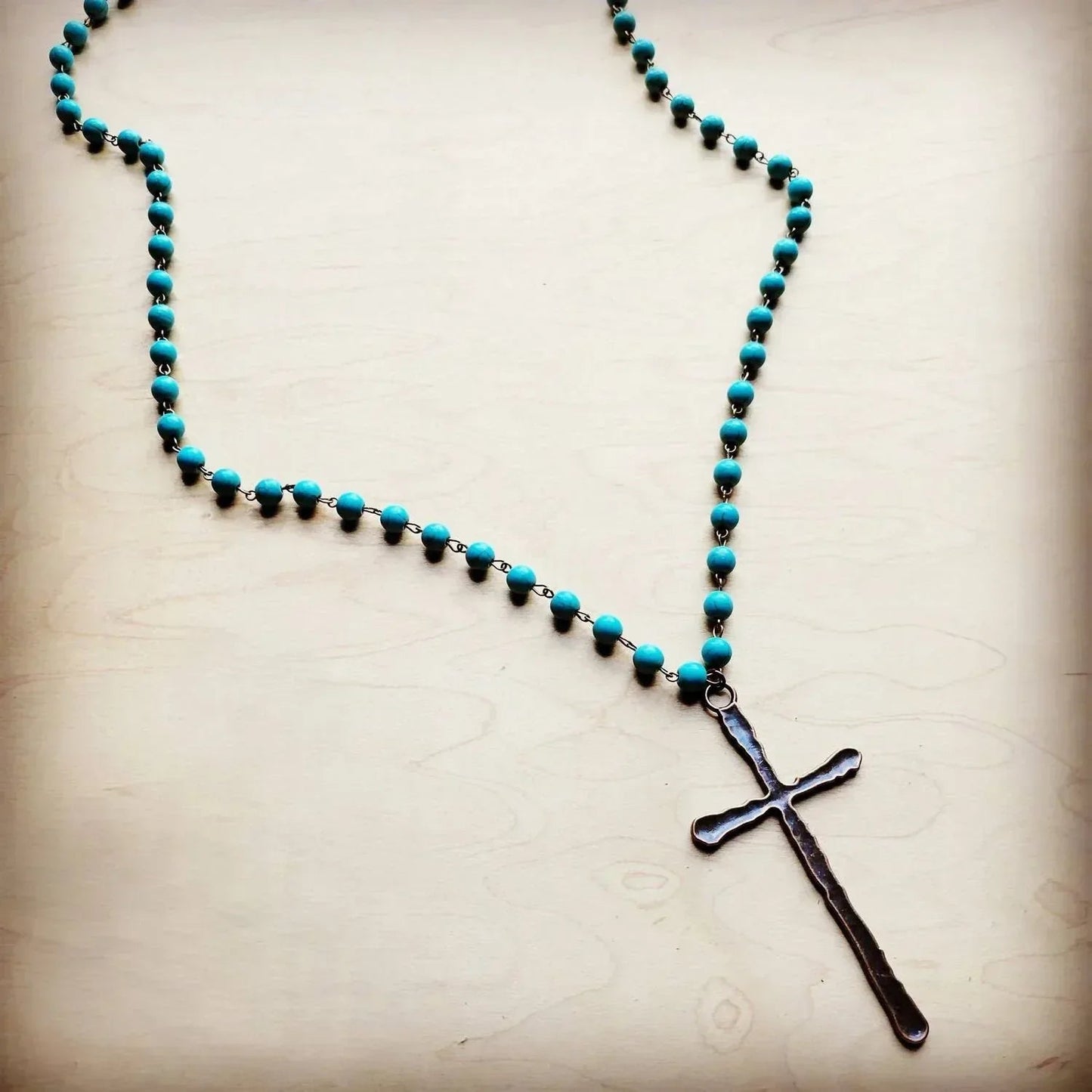 Women's Long Beaded Antique Copper Cross Necklace