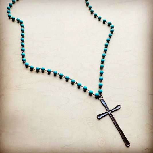 Women's Long Beaded Antique Copper Cross Necklace