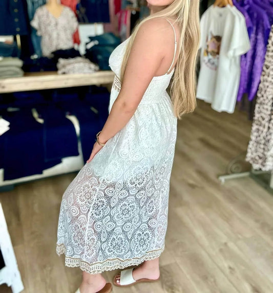 Geo Floral Lace Crochet Accents Maxi Dress