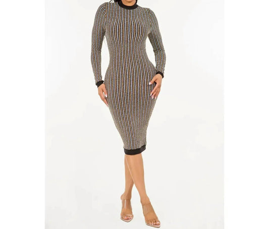 Elegant Stripe Glitter Back Zipper Midi Bodycon Dress