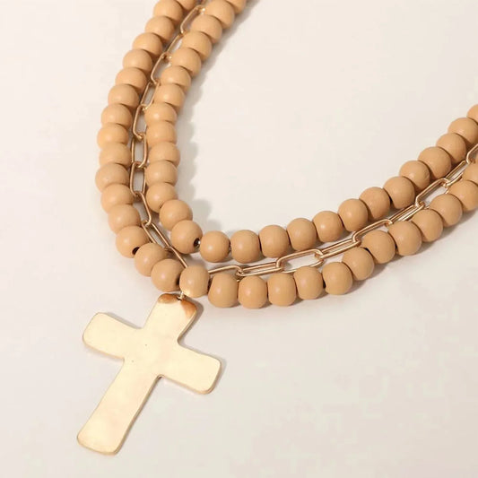 Women's Maribelle Hammered Metal Cross Pendant Wood Bead Necklace