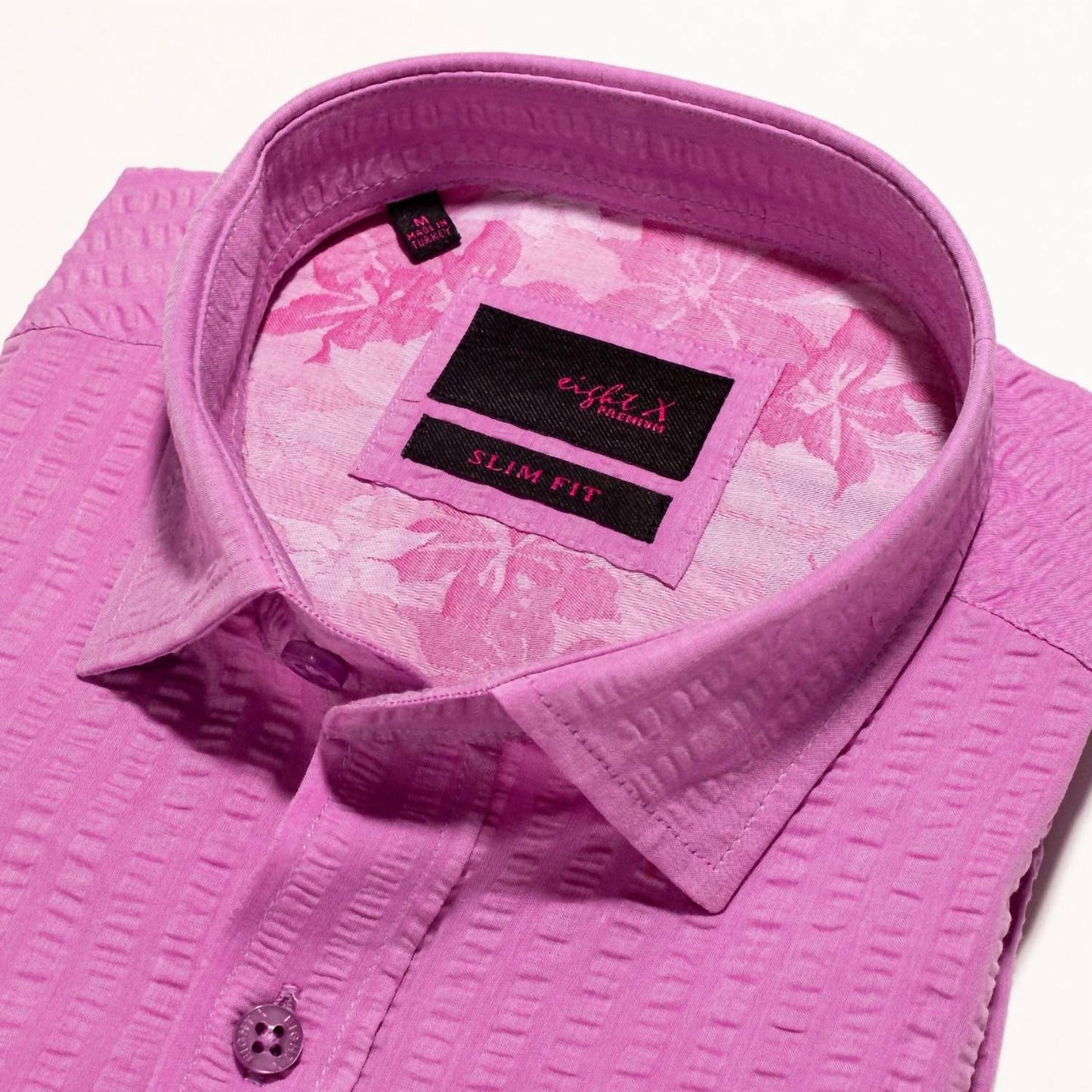 Confuchsia Seersucker Short Sleeve Button Down Shirt