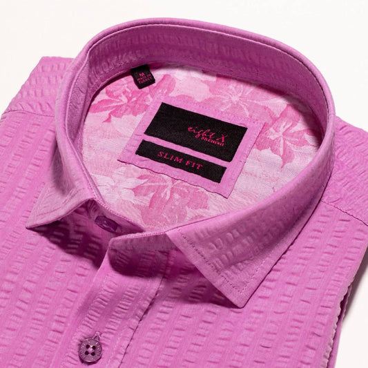Confuchsia Seersucker Short Sleeve Button Down Shirt
