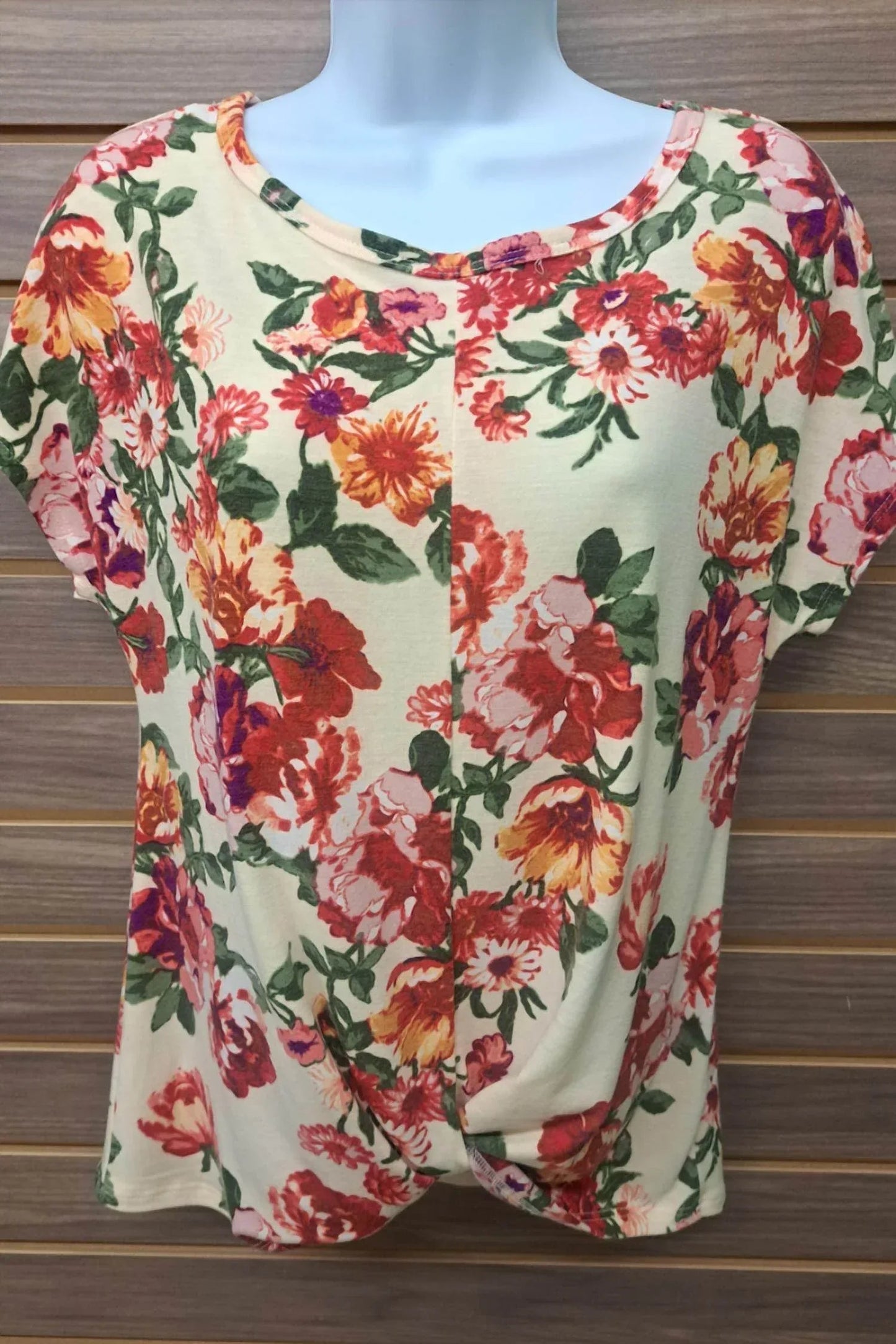 Damen Creme Blumen T-Shirt mit Vorderknoten