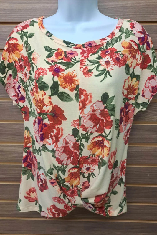 Women's Cream Floral Front Knot Tee