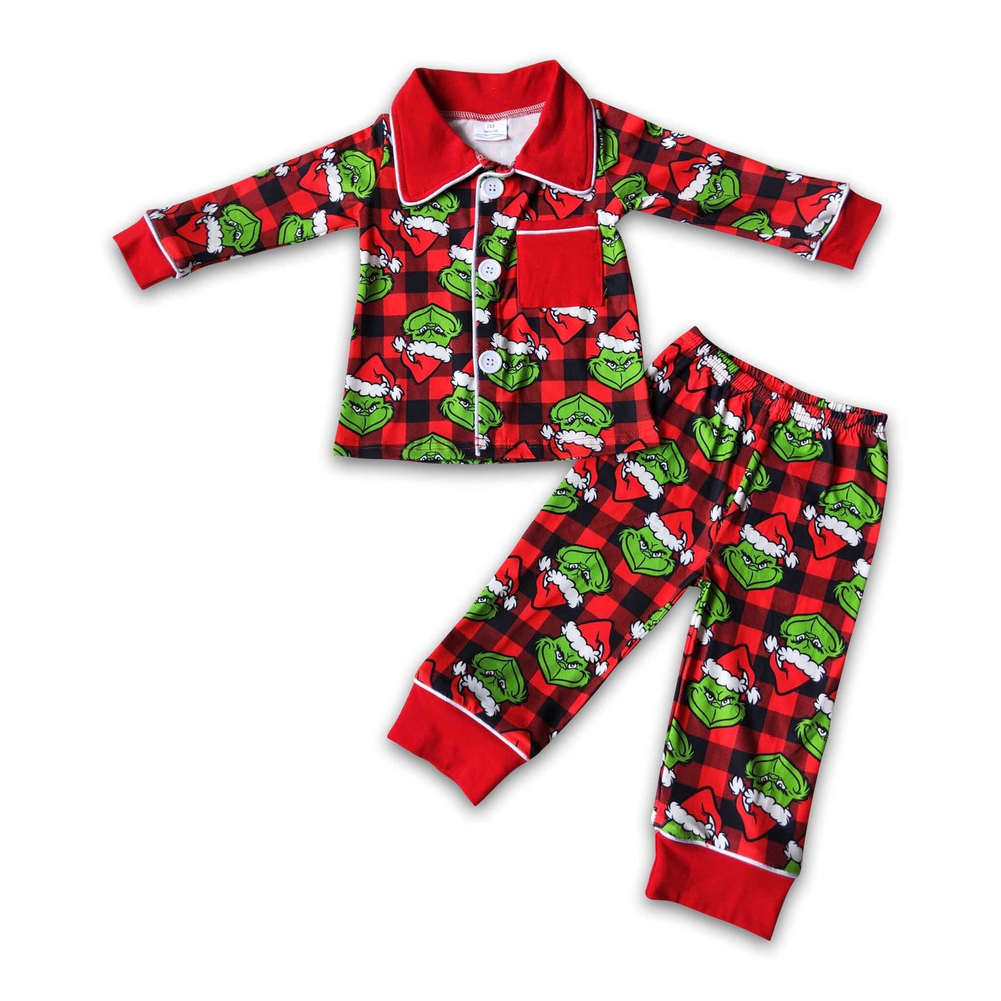 Karierte grüne Pyjamas mit Gesichtsaufdruck für Jungen, mit Tasche, für Weihnachten