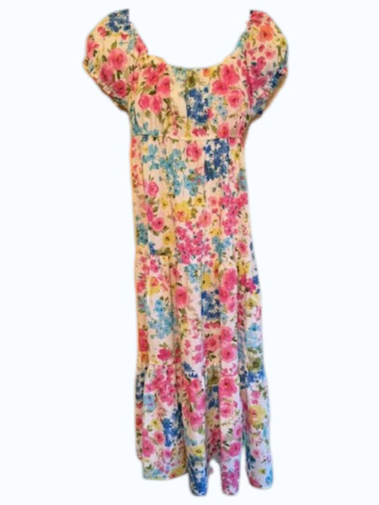 Women's Short Sleeve Floral 3-tier Maxi Dress