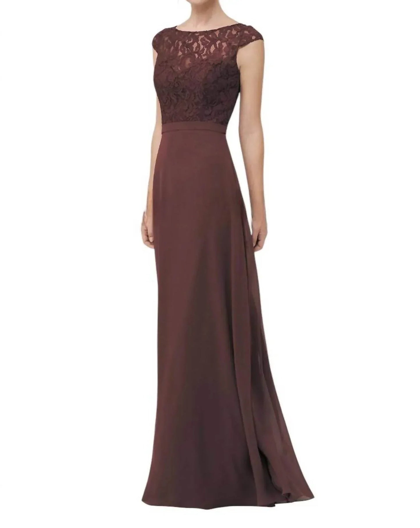 Long Boat Neckline Lace & Georgette Bridesmaid Dress