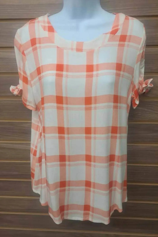 Women's Tied Short Sleeve Plaid Linen Blouse