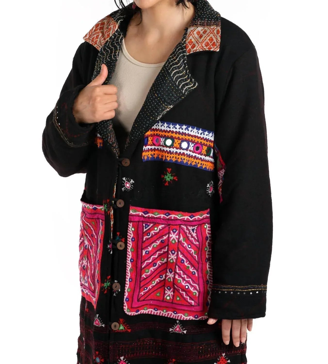 Hand-embroidered Patches Merino Wool Coat