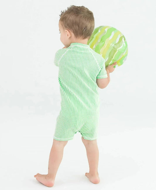 Baby Boys Seersucker Short Sleeve One Piece Rash Guard Swimsuit