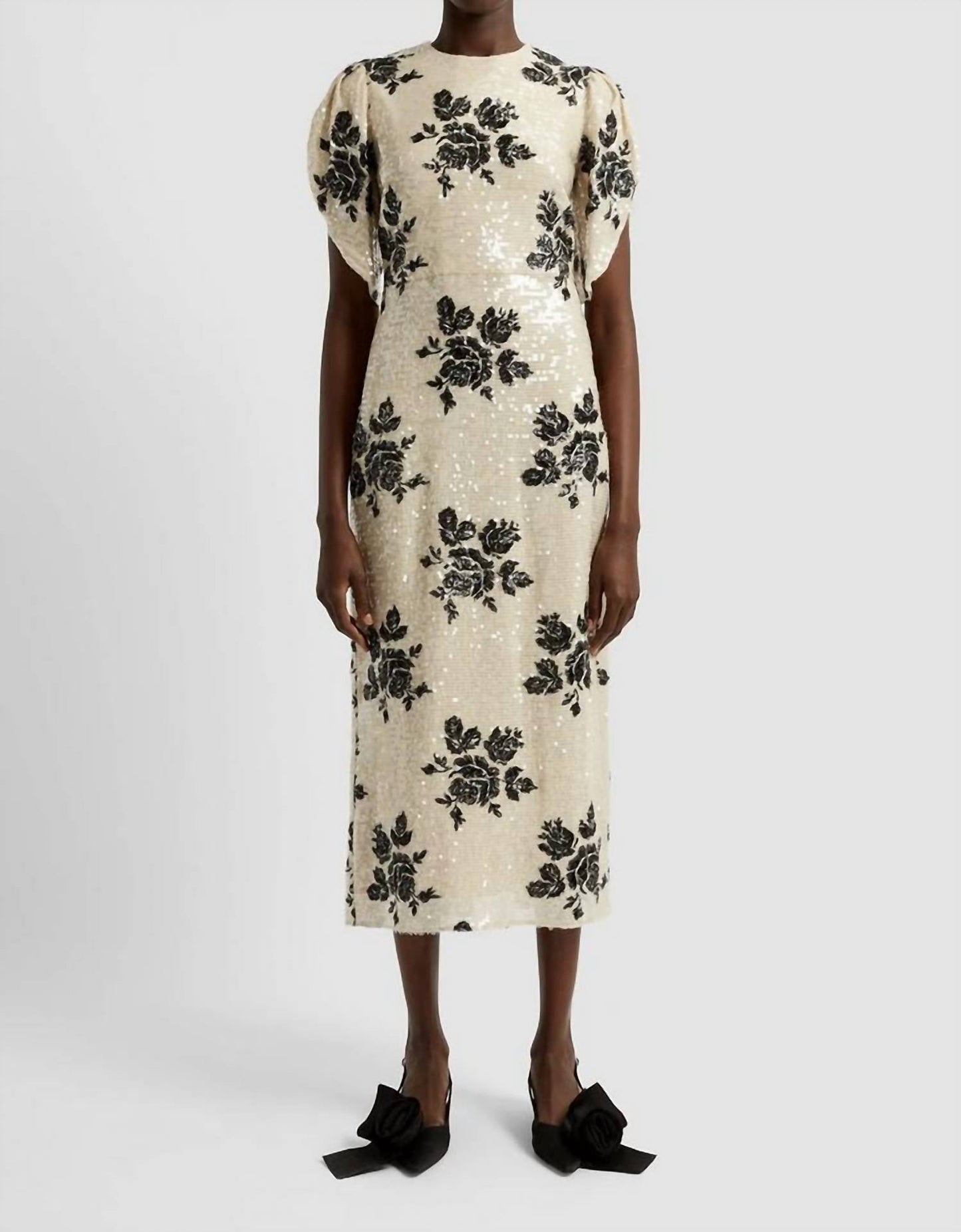 Kurzärmeliges, blumiges Pailletten-Bleistiftkleid