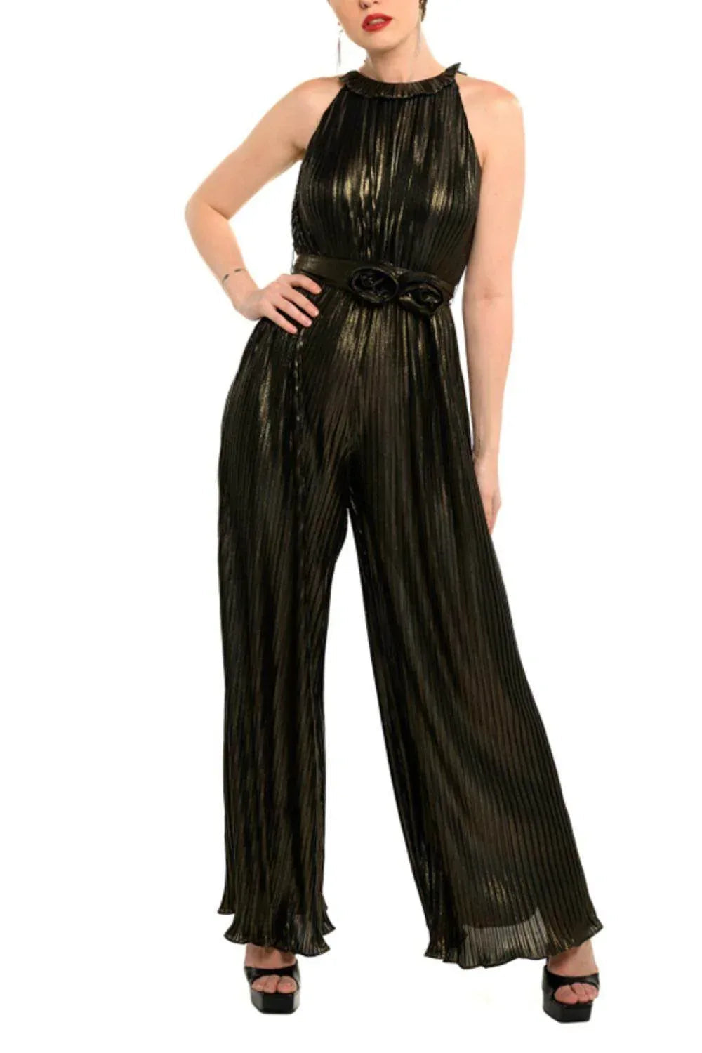 Metallic Pleated Wide Leg Jumpsuit