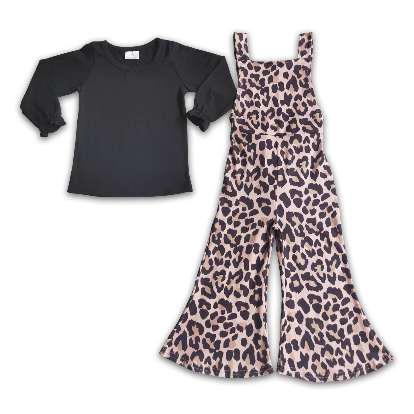 Schwarzes Baumwollshirt Leopardenmuster Overalls Mädchenkleidung
