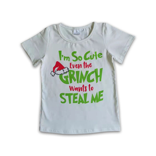 Weißes, kurzärmliges grünes Mädchen-Weihnachtsshirt mit Gesichts-Siebdruck