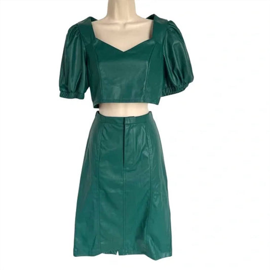 Women's Faux Leather Puff Sleeve Crop Top & Midi Skirt Set