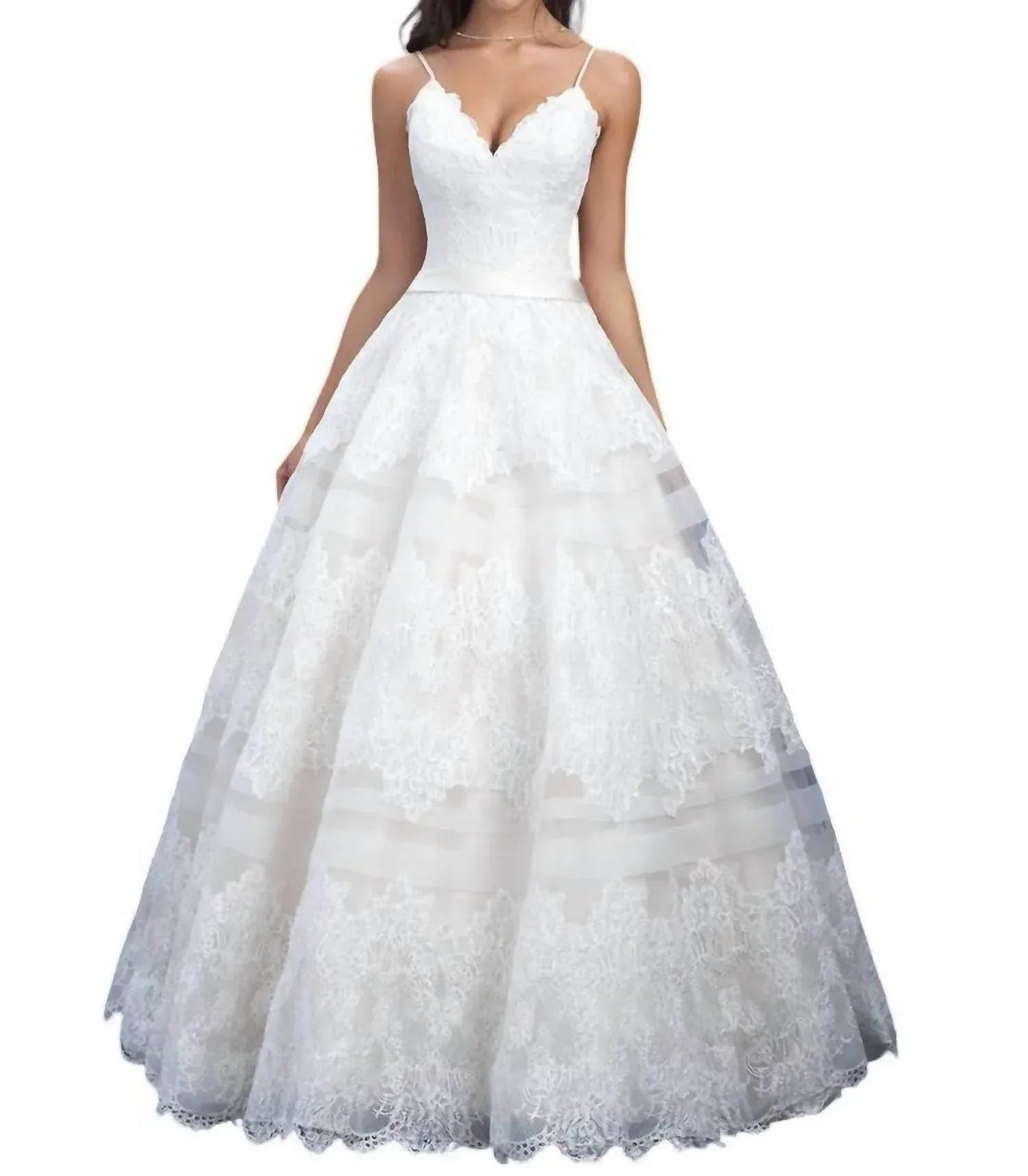Spitzen-Ballkleid mit transparenten Chiffonstreifen