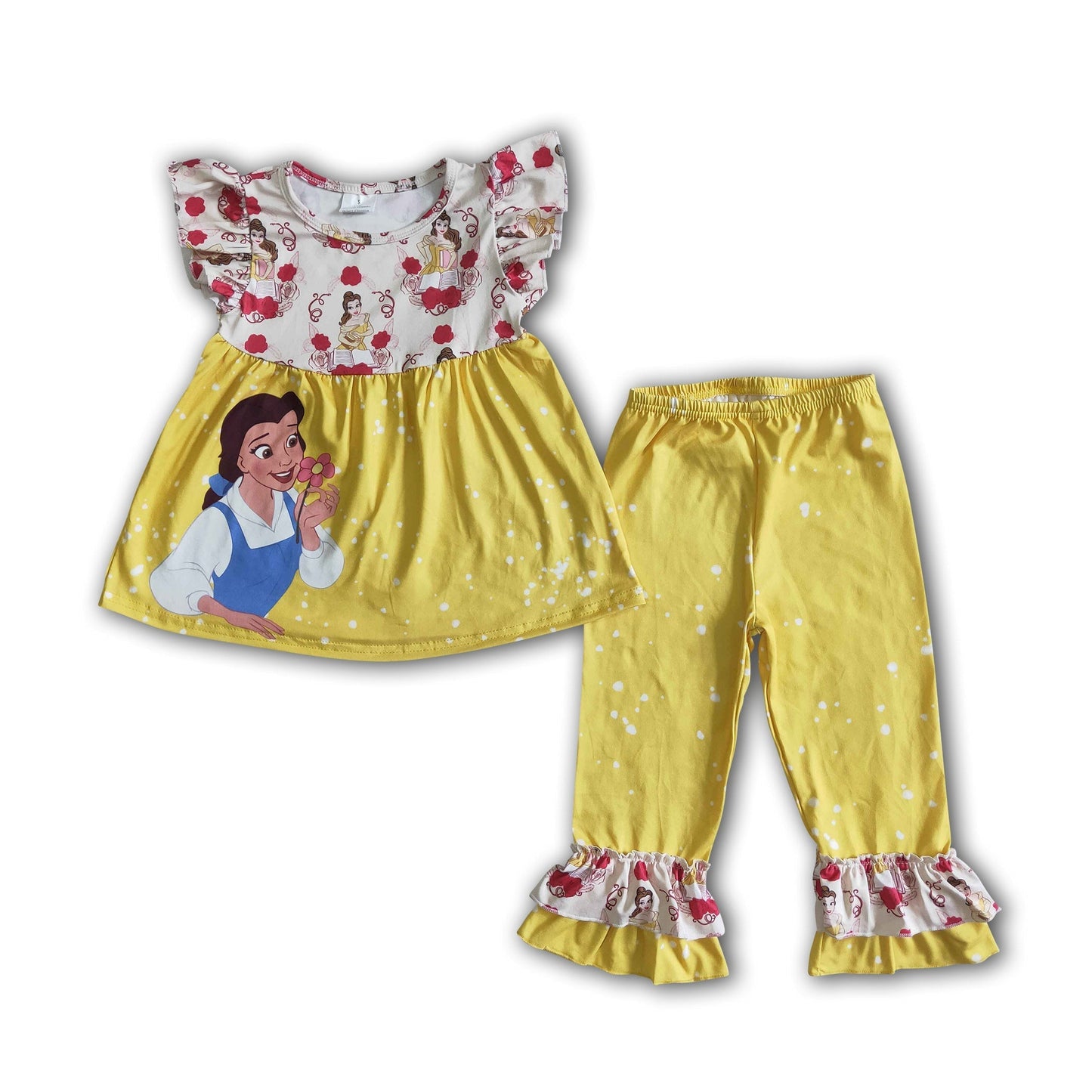 Niedliches Prinzessin-Shirt mit Flügelärmeln, gelbe Rüschenhose, Mädchen-Boutique-Kleidungsset