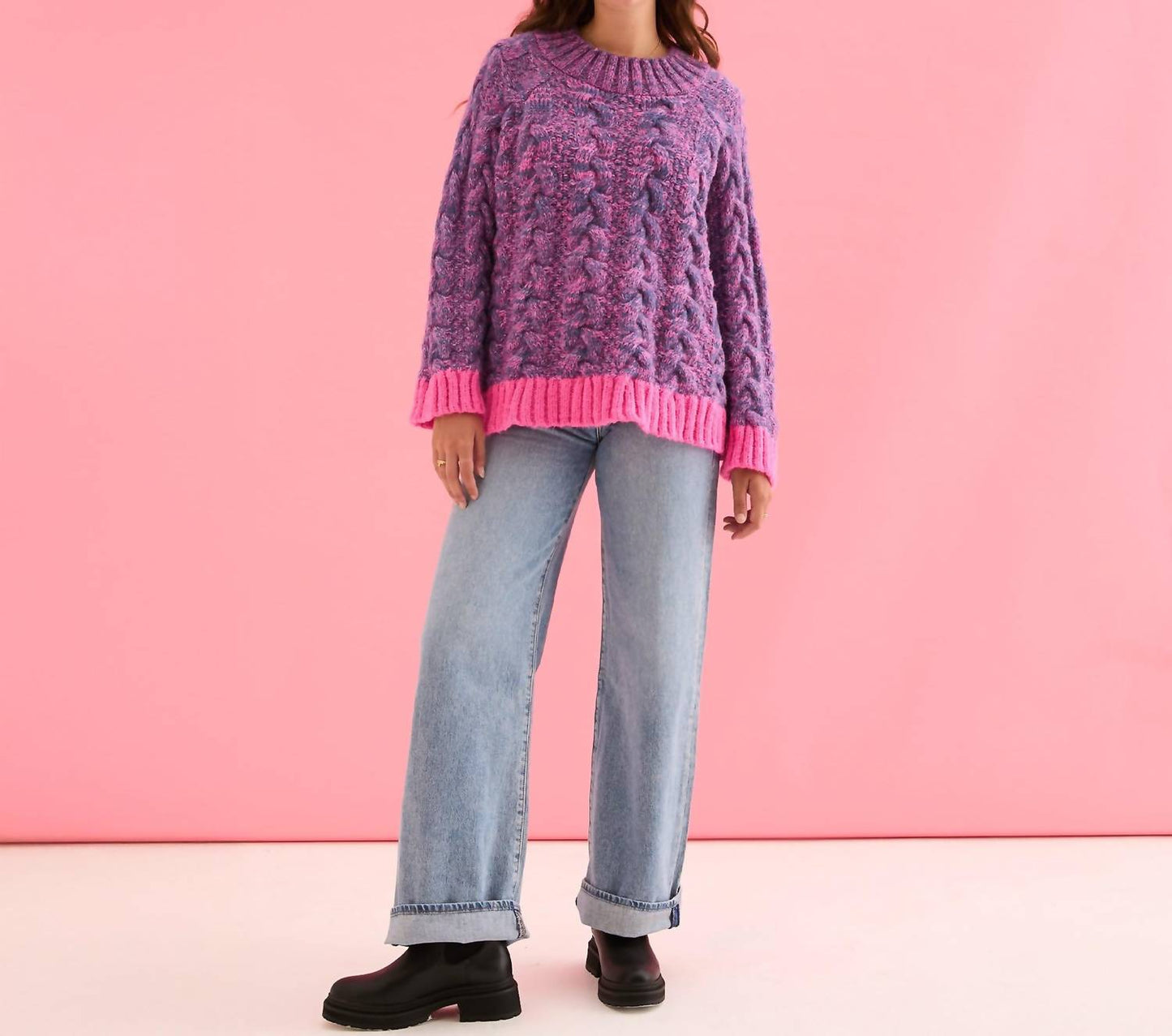 Jennie Cable Marled Strickpullover mit hohem Kragen und Ballonärmeln