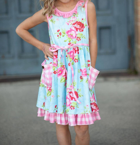 Mädchenkleid mit Blumenmuster, Vichykaro, Tasche und Rüschen