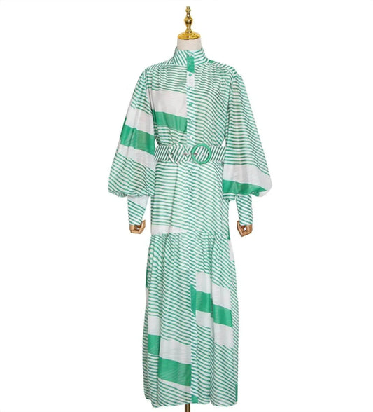 Women's Striped Belted Bohemian Style Maxi Dress