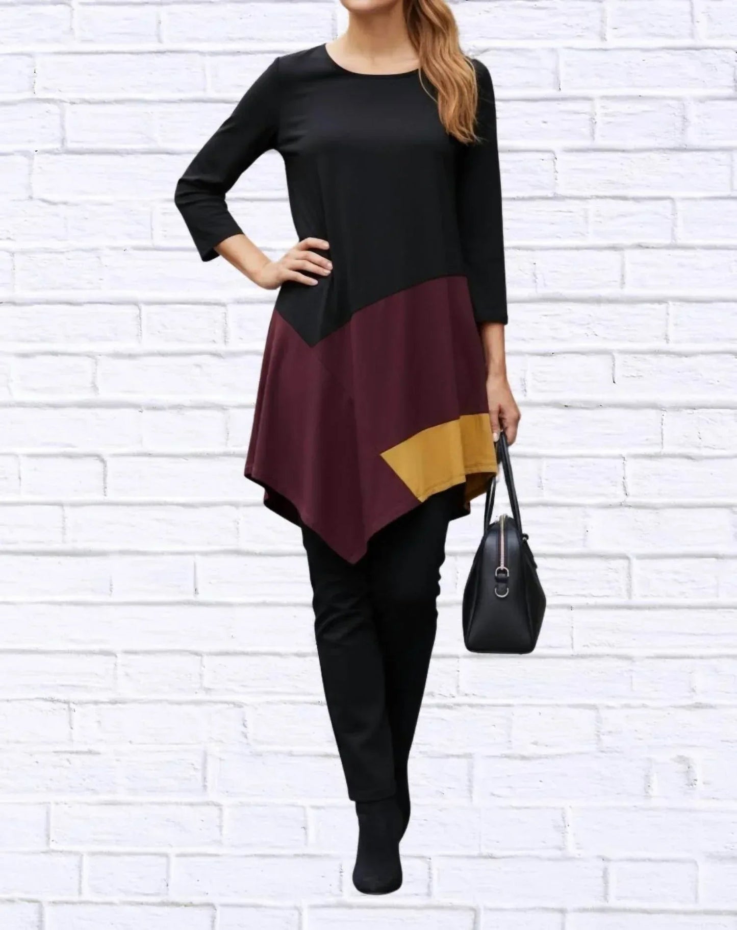 Farbblock-Stricktunika mit asymmetrischem Saum