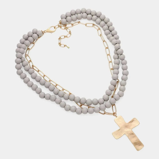 Women's Maribelle Hammered Metal Cross Pendant Wood Bead Necklace
