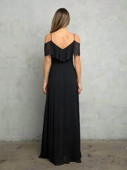 Chiffon Cold Shoulder Ruffle Sleeve Bridesmaid Dress
