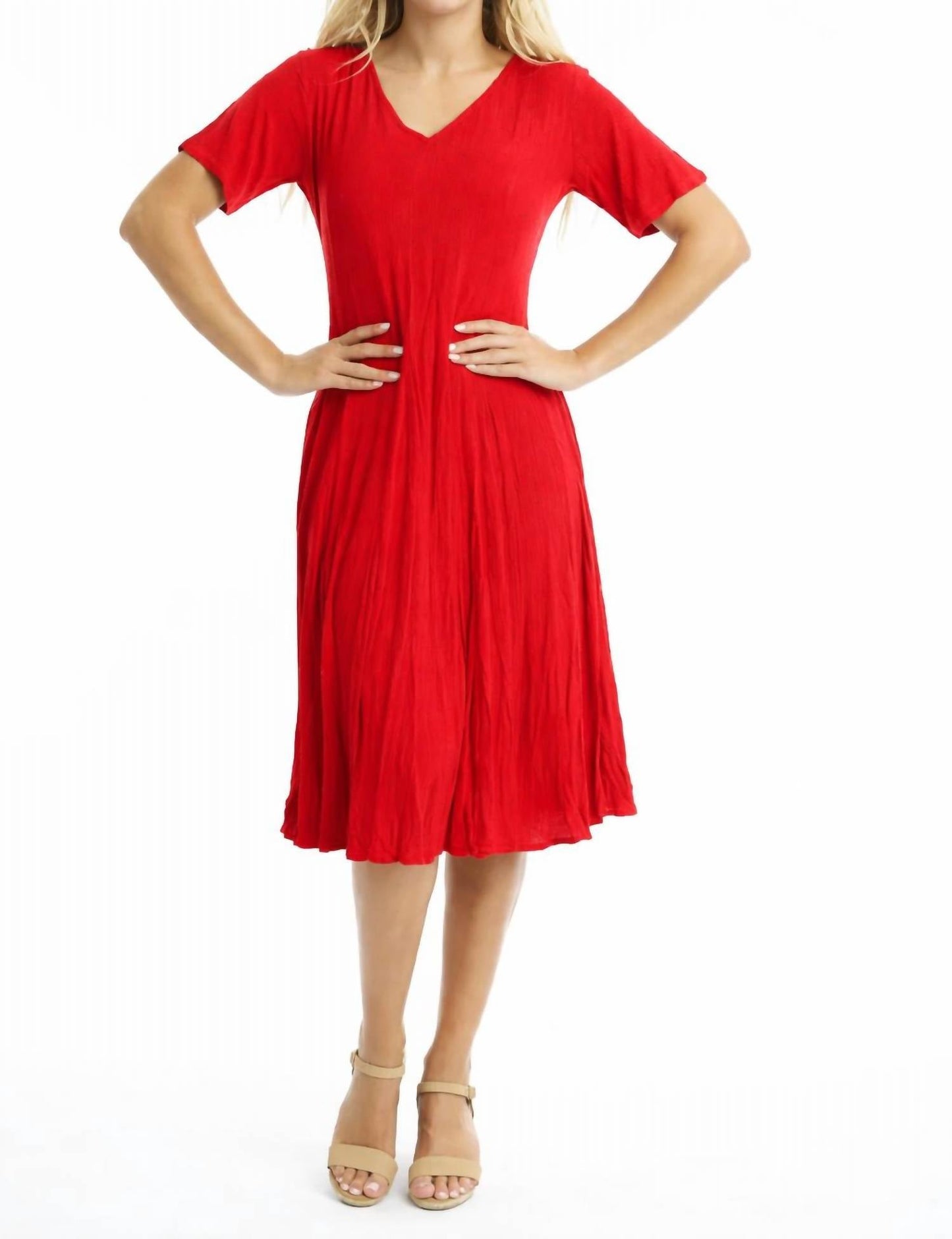 Essentials Rayon Dobby Godet-Kleid mit kurzen Ärmeln