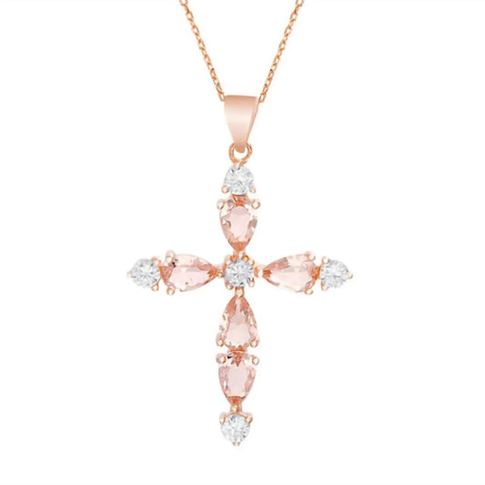 Women's Sterling Silver Morganite Clear Cubic Zirconiacross Necklace