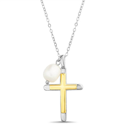 Women's Two Tone Cross With Pearl Necklace