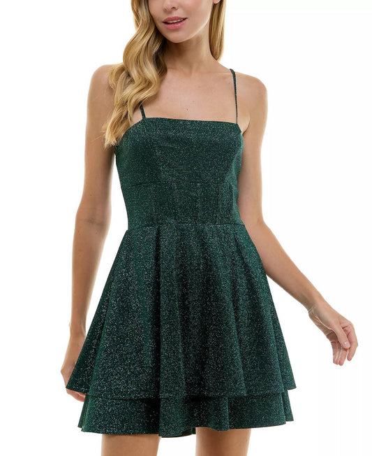 Glitzerndes, ärmelloses gestuftes Mini-Kleid mit ausgestelltem Rock