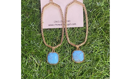Women's Pave Hexagon Drop Earrings With Turquoise Stone Charm