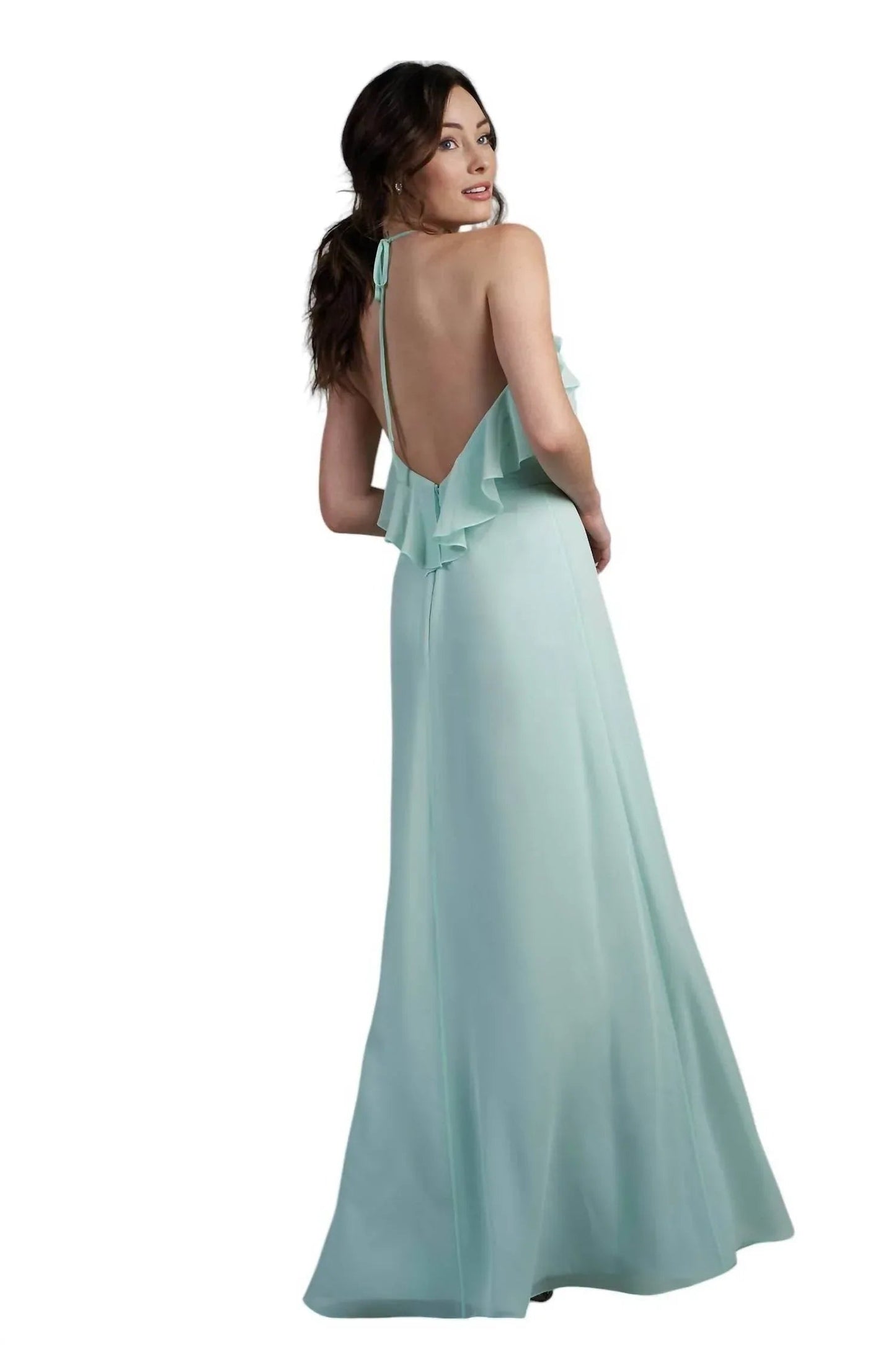 Poly Chiffon Long Bridesmaid Dress with Jewel Neckline