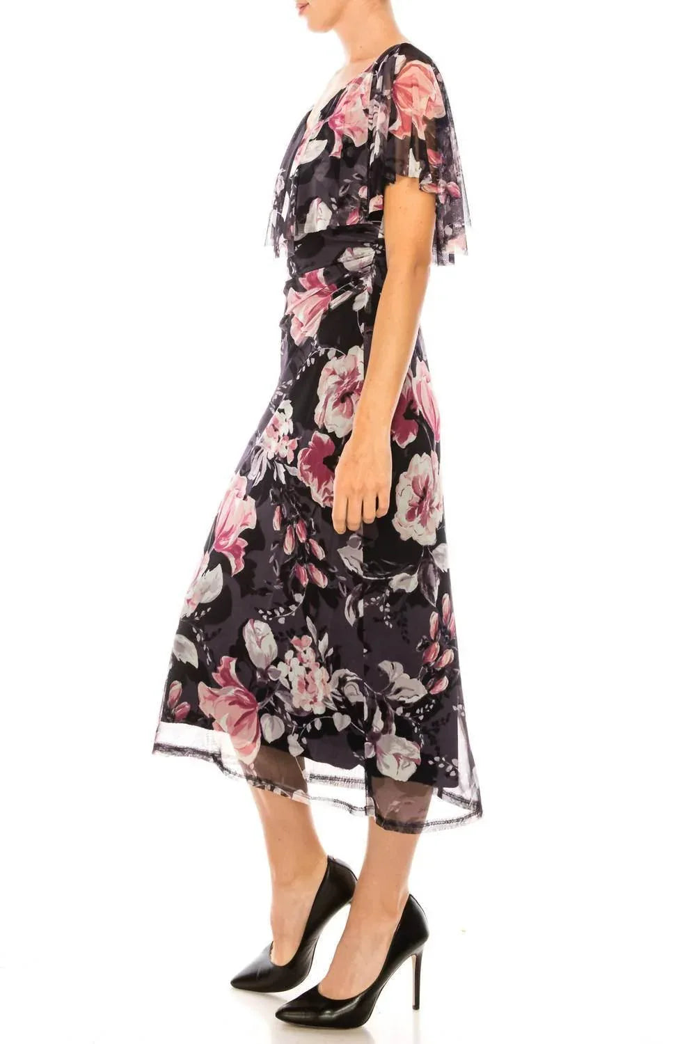 Geblümtes Cape-Midi-Kleid