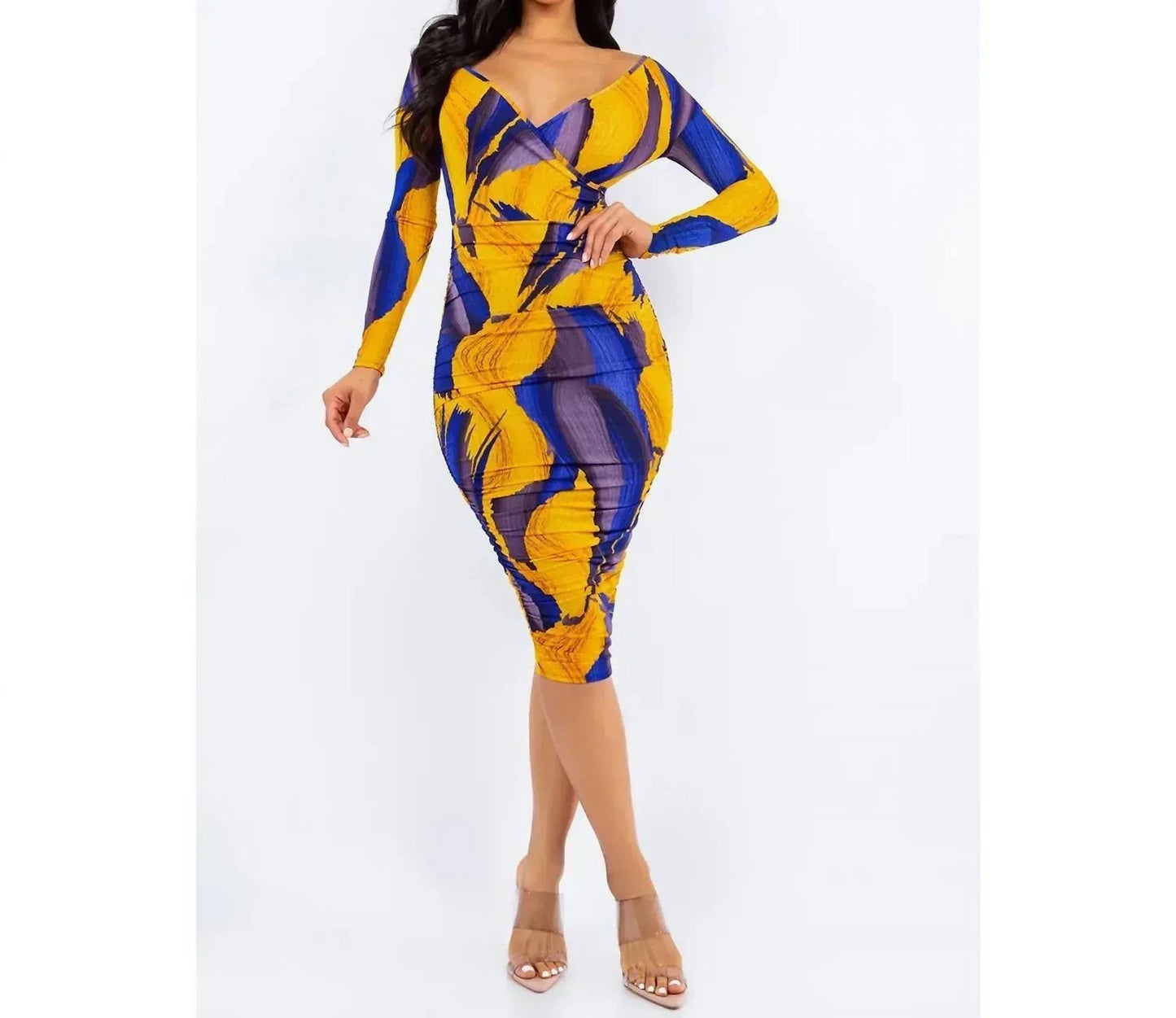 Off Shoulder Wrap Ruched Midi Dress