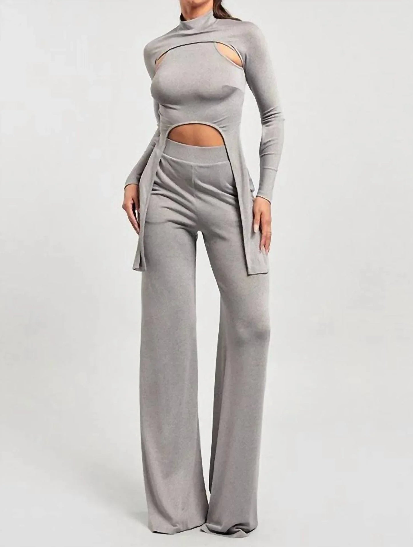 Mock Neck Cropped Top Two Piece Pants Set