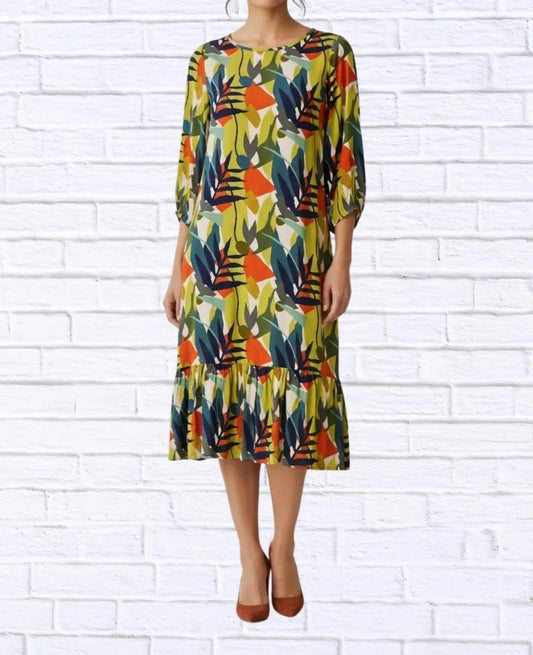 Abstract Leaf Print Woven Midi Dress