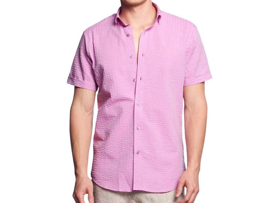 Confuchsia Seersucker Short Sleeve Button Down Shirt