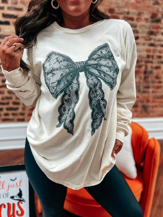 Coquette Lace Bow Long Sleeve Graphic Tee