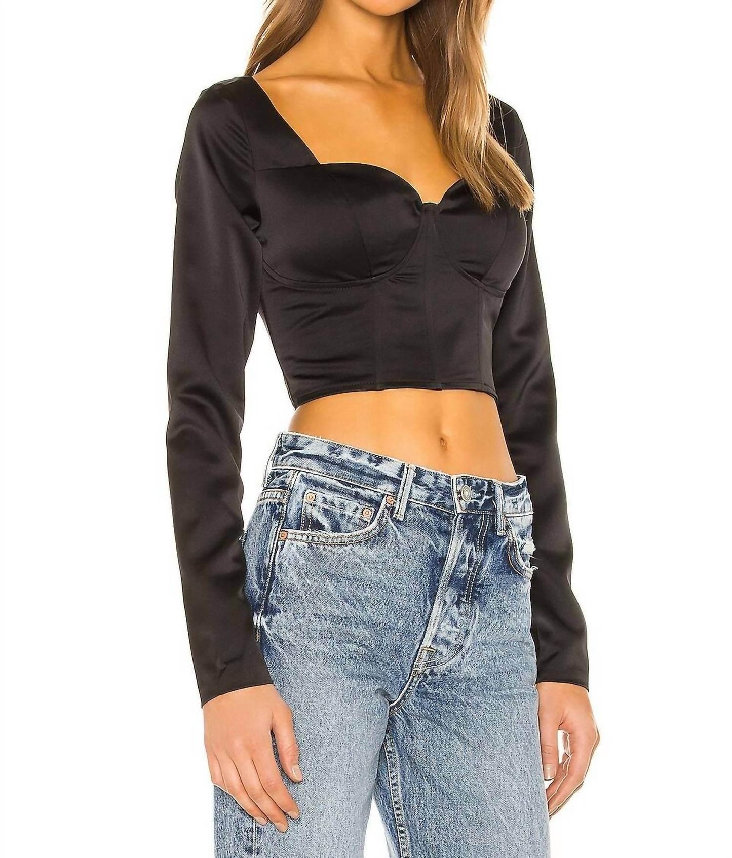 Satin Bustier Long Sleeve Crop Top