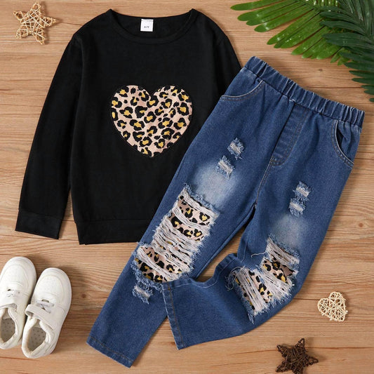 2-teiliges Sweatshirt- und Ripped-Jeans-Set für Mädchen