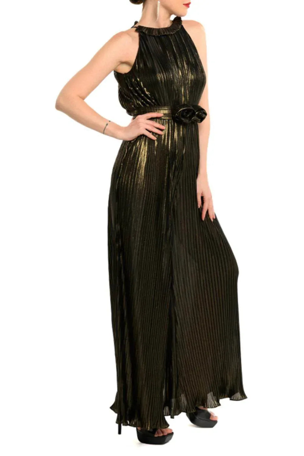 Metallic Pleated Wide Leg Jumpsuit