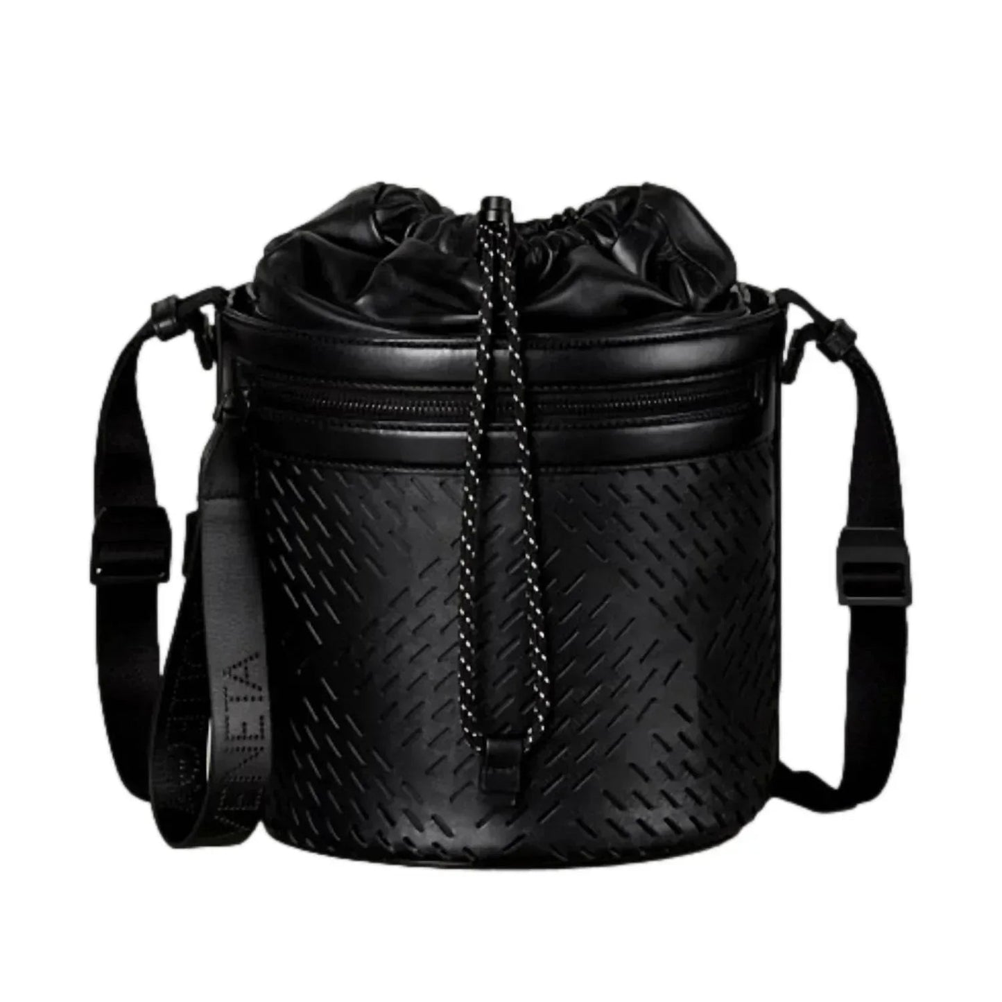 Women's Perforated Leather Drawstring Bucket Crossbody Bag