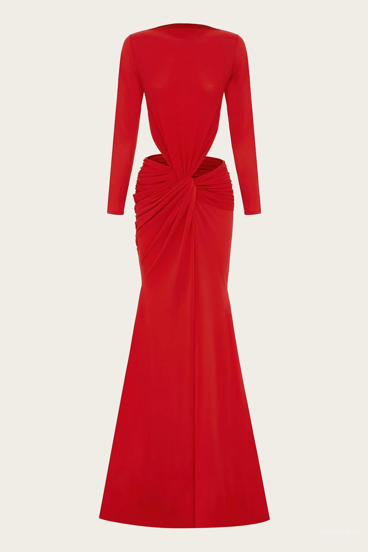 Crêpe-Jersey Abendkleid mit verdrehter Front und langen Ärmeln