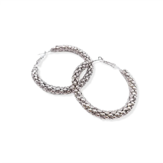 Women's Rhodium Beaded Twisted Round Hoop Earrings