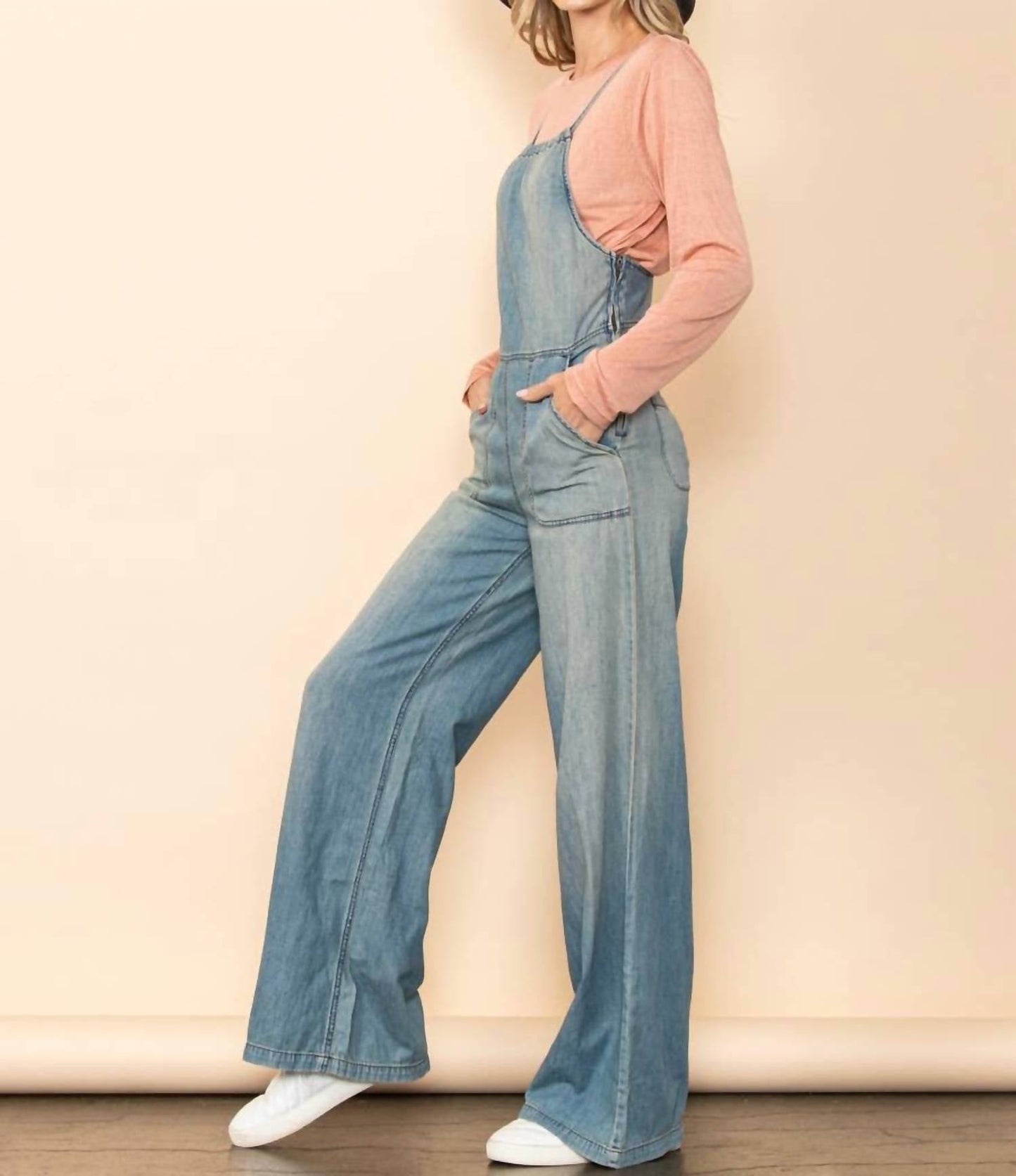 Vintage Washed Wide Leg Overall Jumpsuit with Pockets