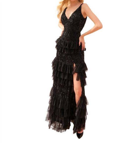 Beaded Long Ruffled Prom Dress